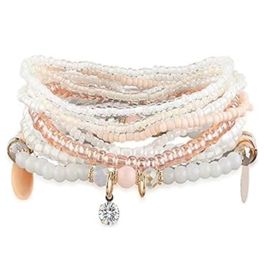Boho Beaded Bracelet Stack Set - Layered White, Blush, Gold